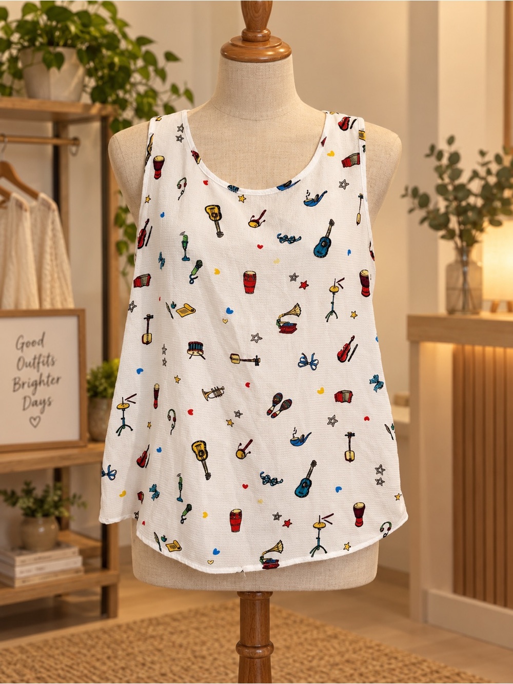 Timing White Tank Top with Multicolor Music Icon Print